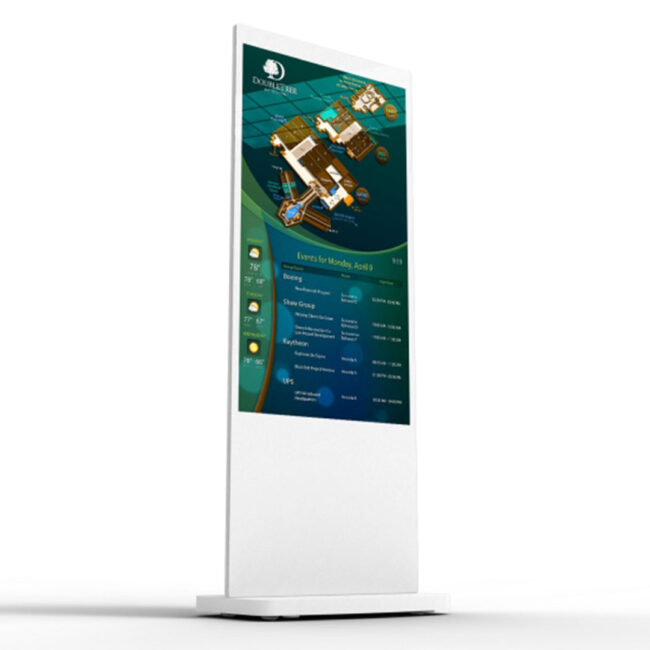 Fritstående digital poster med Android medieafspiller i slim design på hvid baggrund.