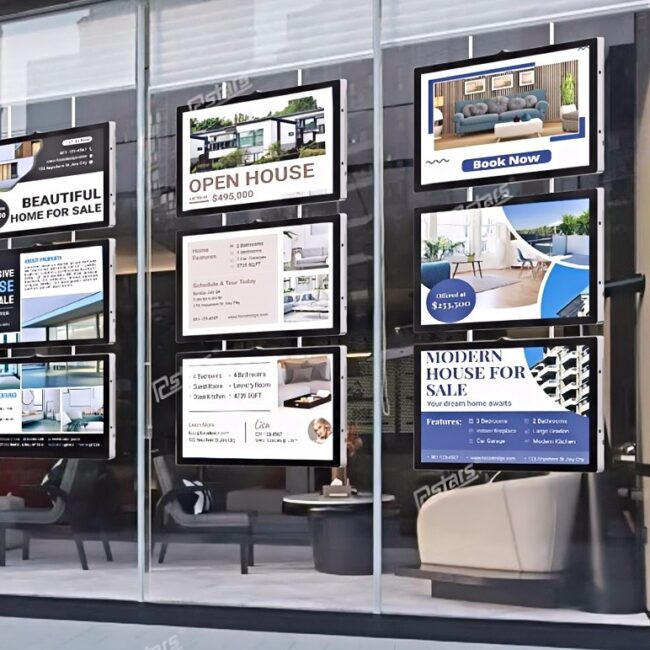 Digitale mæglerskilte i vinduet hos en ejendomsmægler
