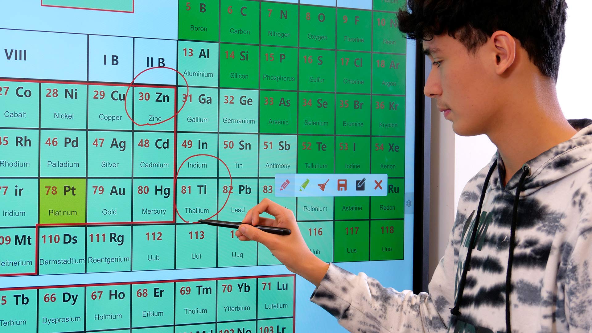 Elev lærer om det periodiske system på et Speechi smartboard.
