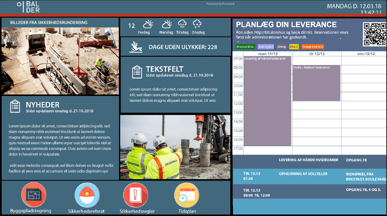 Digital infotavle til byggeplads med sikkerhed, nyheder og leveringsplanlægning.