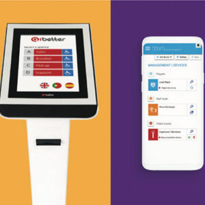 Billetsytem fra Qbetter med stander i butikken, billetinfo på mobilen og køstatistik på PC'en.