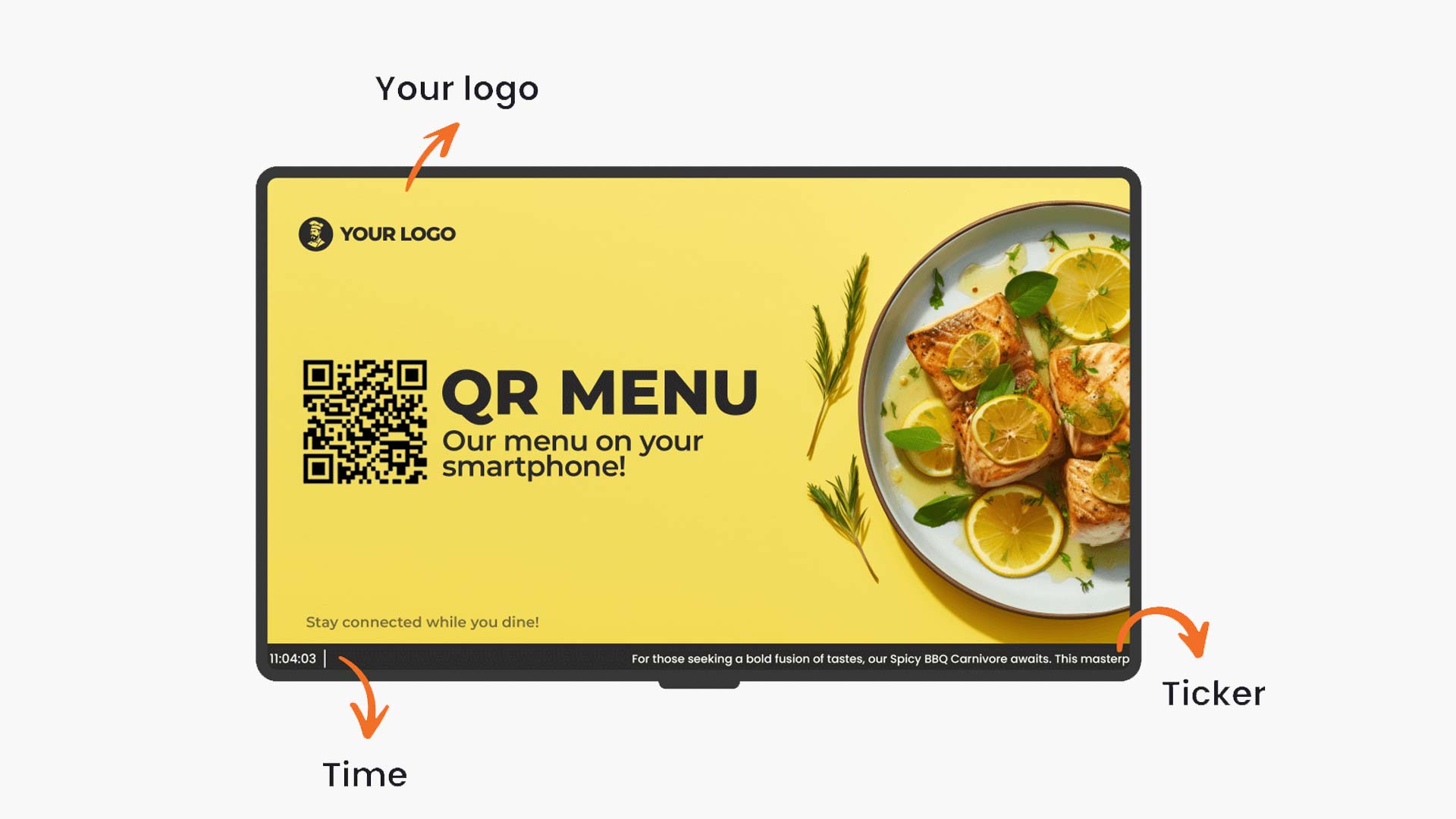 Infoskærm med QR-kode på displayet, der giver kunder nem adgang til digitale menuer og kampagnetilbud via Visualsign software.