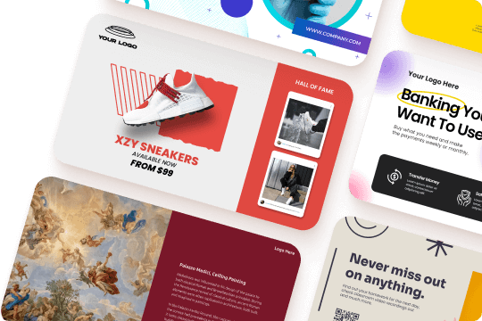 Forskellige skabelon-eksempler til infoskærm, vist i Visualsign infoskærm software, klar til digital signage og brugervenlig tilpasning.