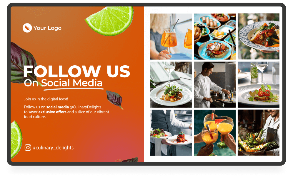 Infoskærm med opfordring til at følge virksomheden på sociale medier, oprettet og styret med Visualsign infoskærm software.