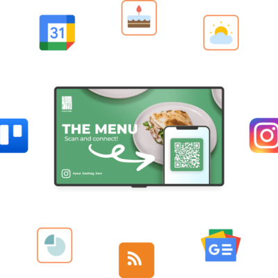Visualsign infoskærm, der viser forskellige app-feeds og interaktive dashboards, inklusiv nyhedsticker og online business-data, alt styret via infoskærm software.
