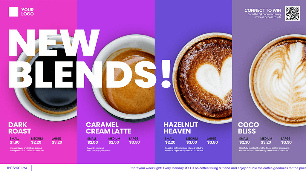 Infoskærm, der viser fire typer kaffe på displayet, designet og styret via Visualsign infoskærm software til caféer og restauranter.