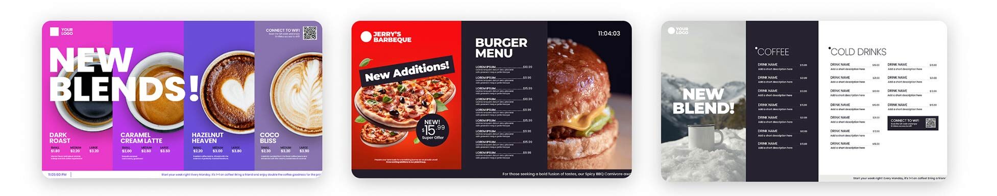Tre forskellige UI-designs til infoskærme for restaurant og café, der viser menuer, tilbud og visuelle layouts, designet med Visualsign infoskærm software.