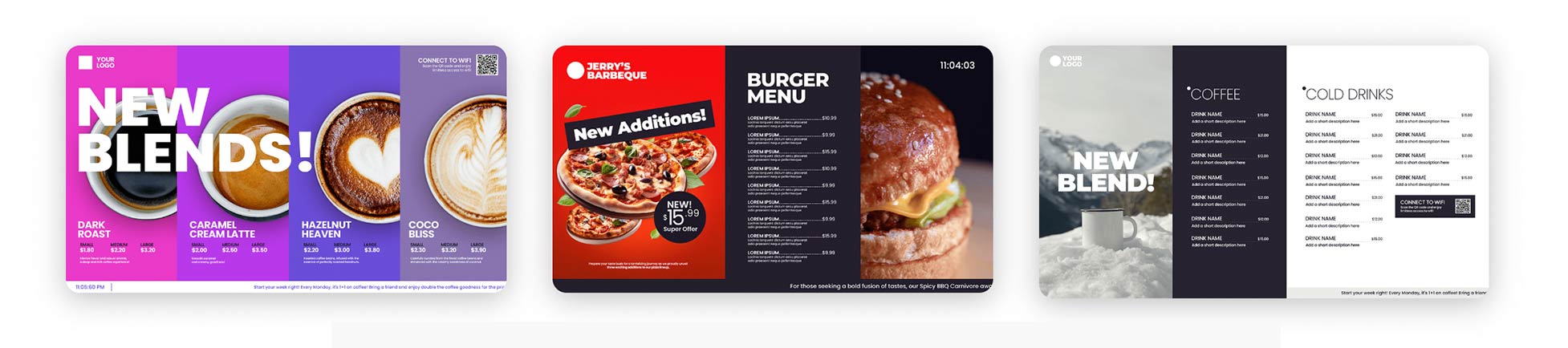 Tre digitale menutavler, der viser kaffe, burgere og pizza-tilbud.