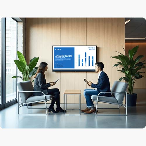 infoskærm_9 To forretningsfolk diskuterer foran en infoskærm med årsrapport og finansiel analyse.