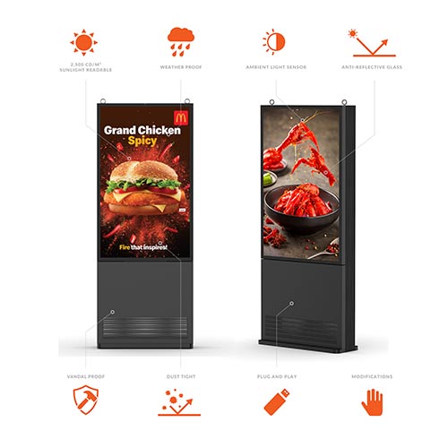 Udendørs LCD totem med IP65/66-certificering, vejrbestandig og robust design