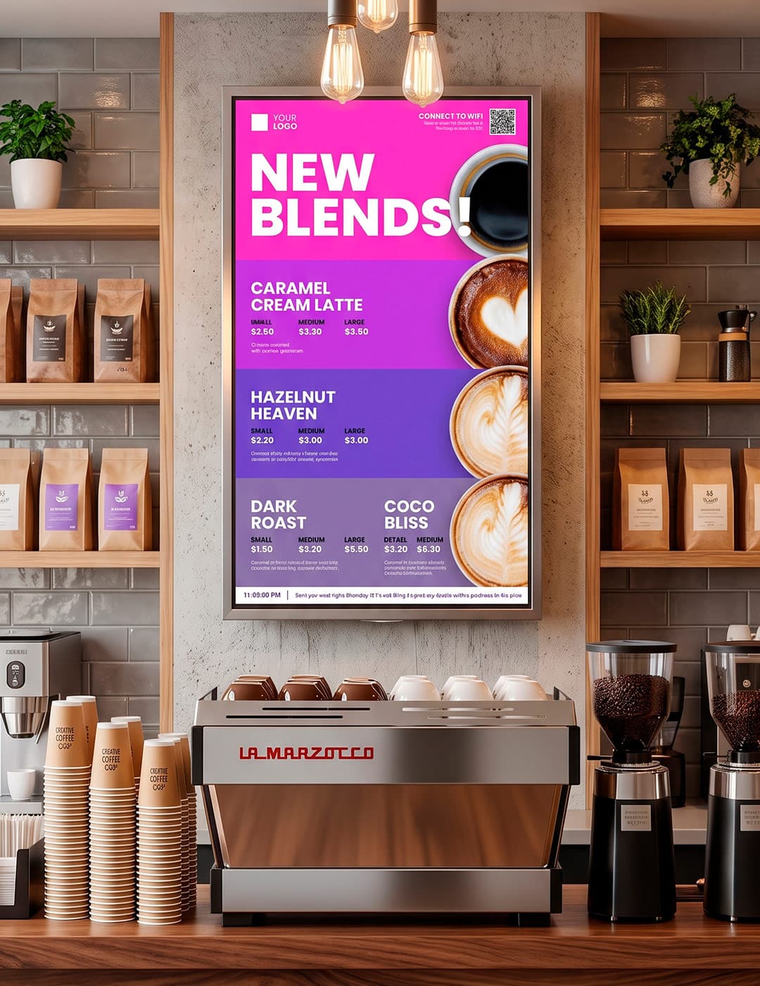 Infoskærm i kaffebar viser tilbud Infoskærm i kaffebar viser tilbud og produkter