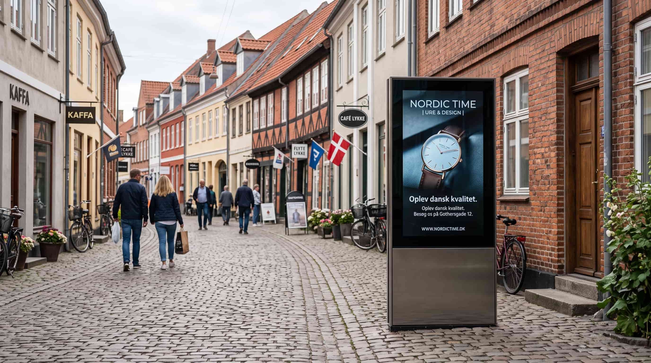 Utomhus totemskärm med klockreklam på en gågata