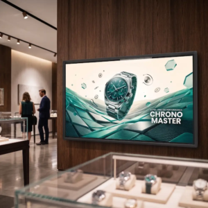 Reklameskærm på væg i urmagerbutik viser produkter