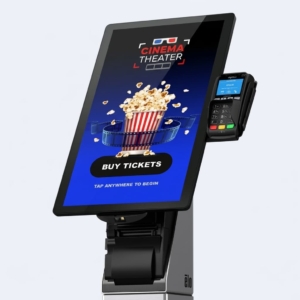 Produktbillede af ELO I-Series 4, touch-display med betalingsterminal og stregkodelæser vises monteret i en biograf. Interaktiv touchskærm til erhvervsløsninger.