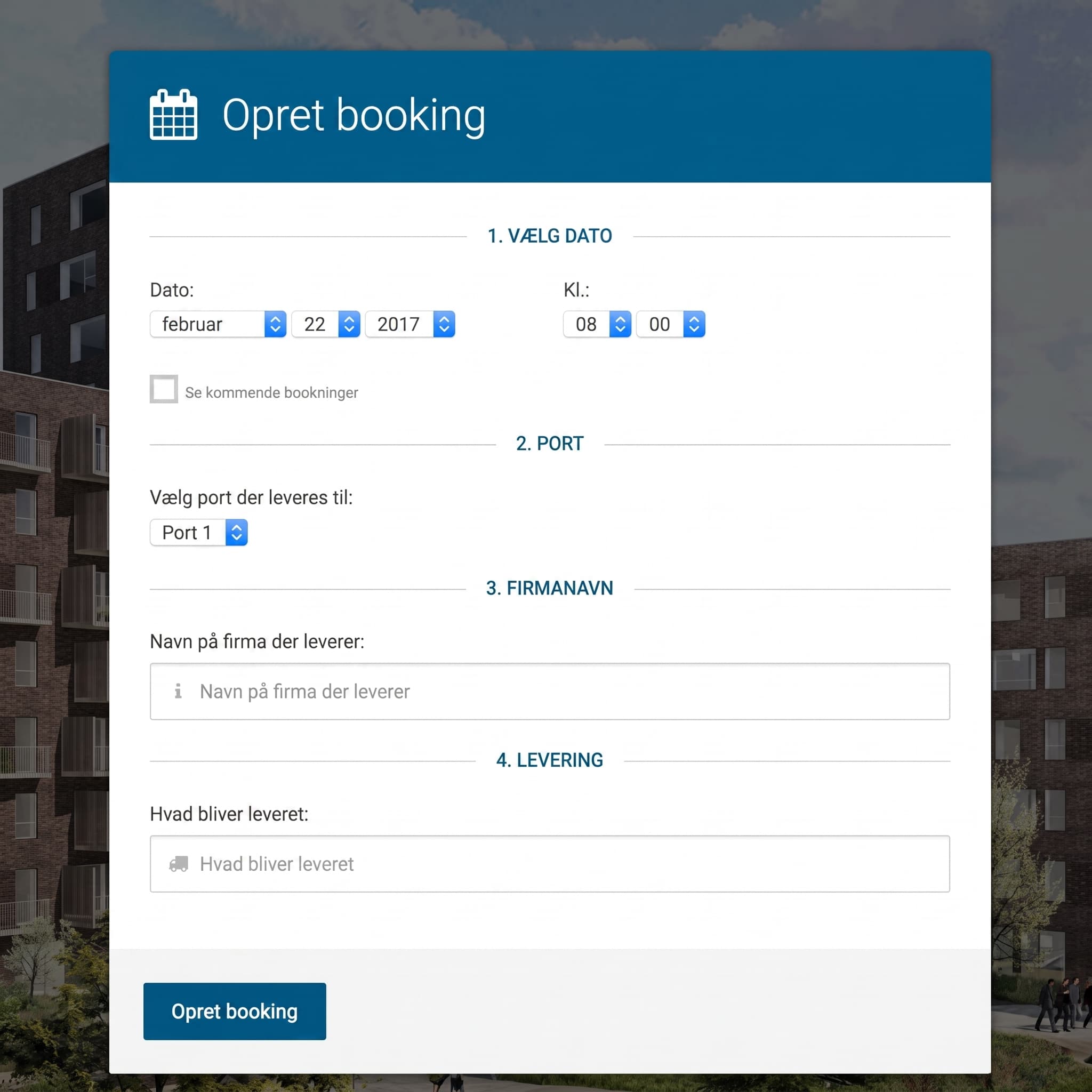 CMS-system til oprettelse af bookinger for leverancer på byggepladsen, styret via infoskærm med touch til byggeplads
