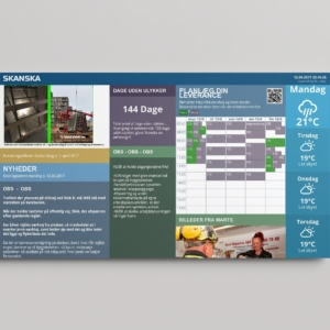 User interface on touch-enabled construction site signage, showing news, accident-free days, delivery overview, weather forecast, and information boxes