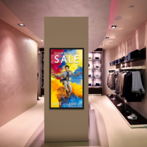 Reklameskærm til butikker opstillet i tøjbutik