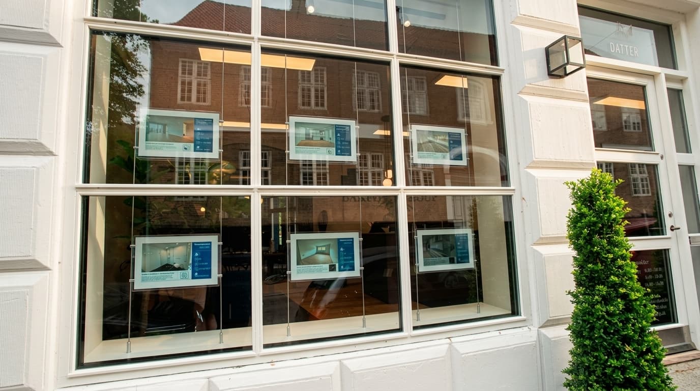 Sex skärmar med digital skyltning för fastighetsmäklare monterade i ett fönsterparti på en fastighetsbyrå, visade i widescreen-format