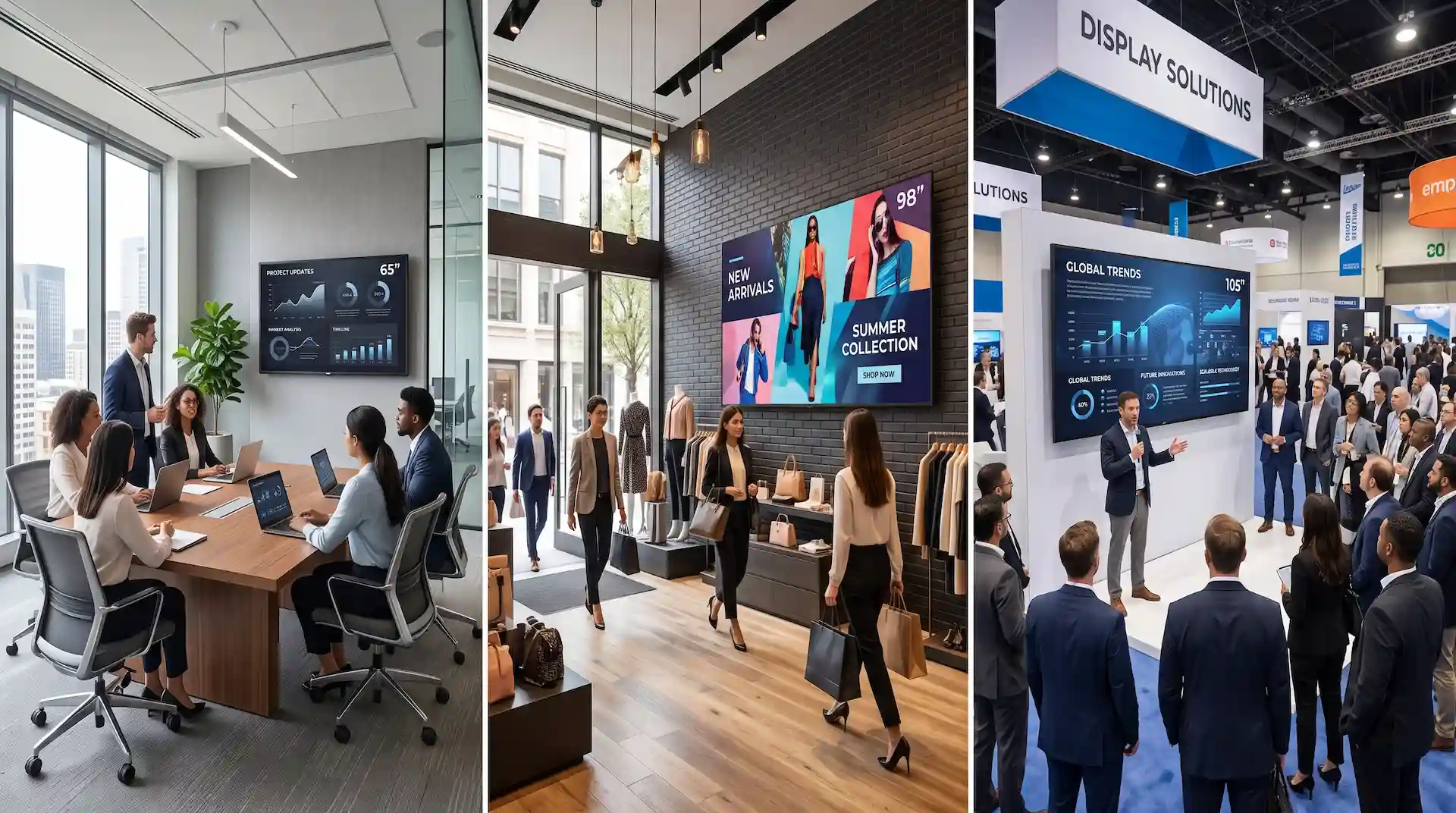 Billede delt i tre som viser forskellige størrelse digitale skærme anvendt i mødelokale, i tøjbutik og på messe.