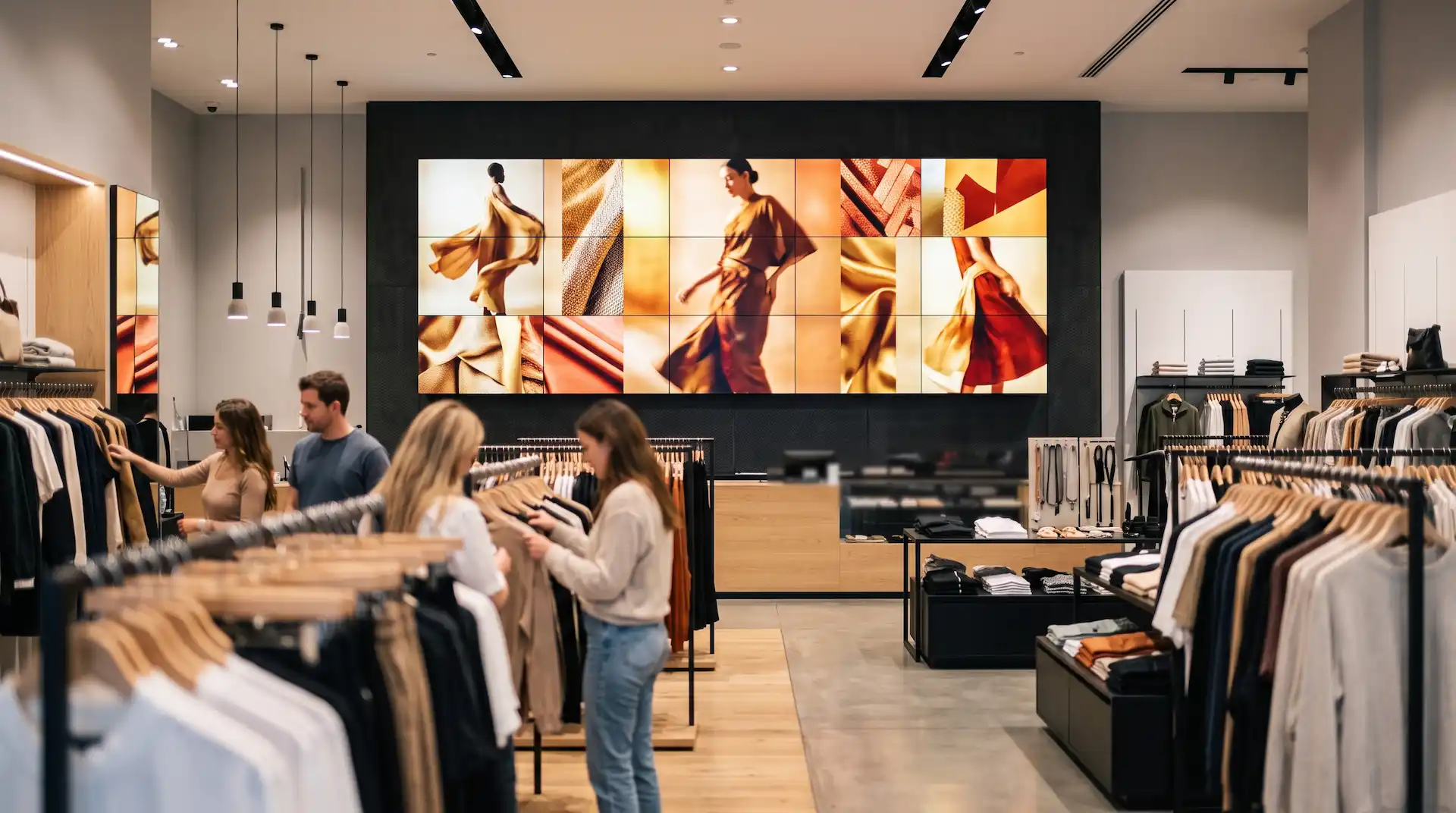 Videovæg i tøjbutik viser kampagnebilleder på flere sammensatte skærme