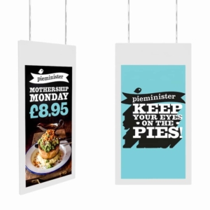 To dobbeltsidet vinduesskærm på hvid baggrund viser reklamer for mad.