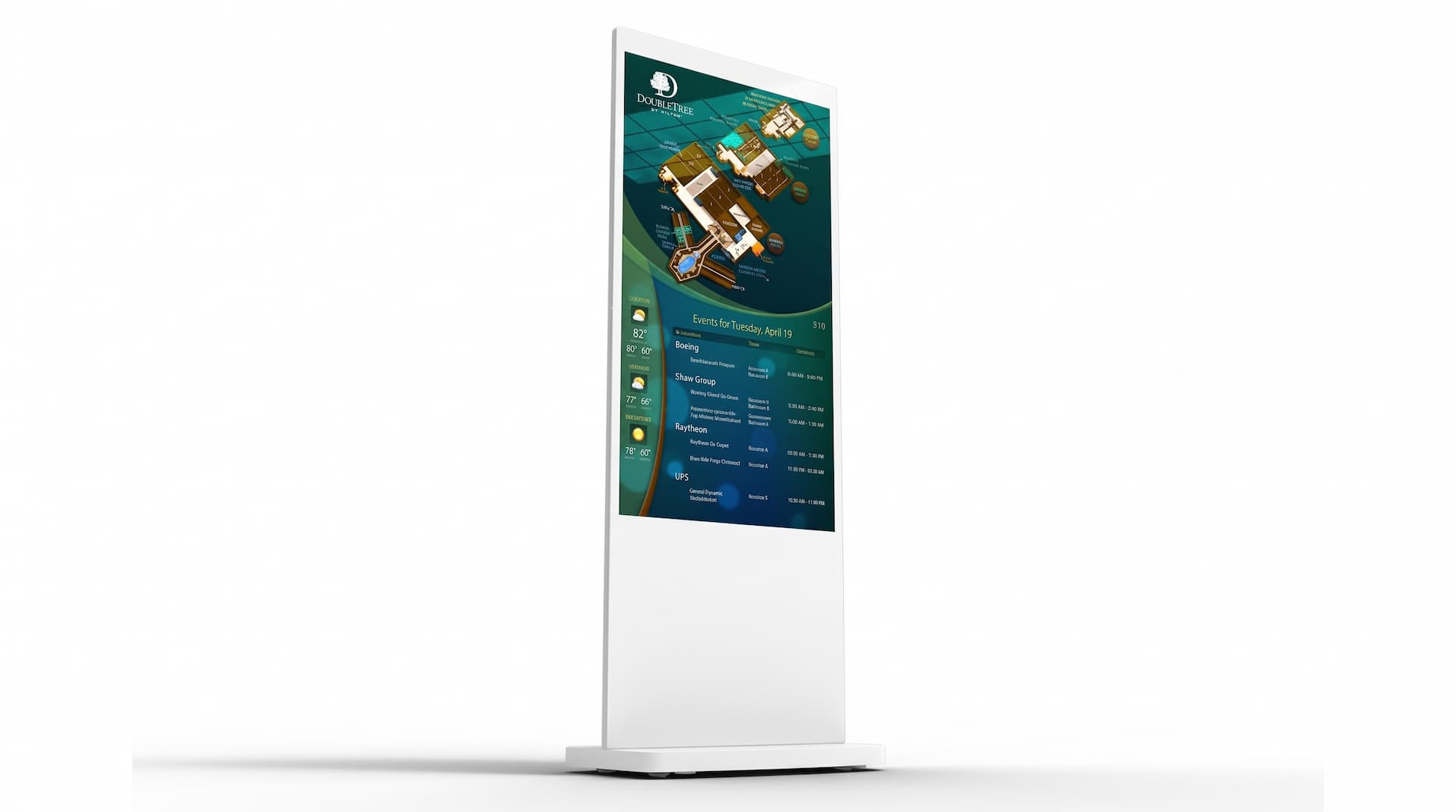 Hvid totem-skærm viser wayfinding-kort på hvid baggrund