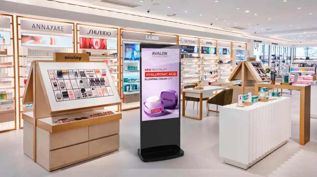 Digital skiltning: fritstående totem i makeupbutik viser videoreklamer
