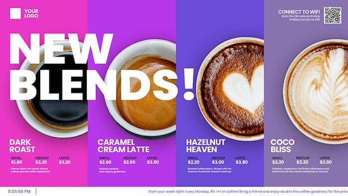VisualSign infoskærmssoftware viser kaffereklame Digital signage til virksomheder: VisualSign infoskærmssoftware viser kaffereklame