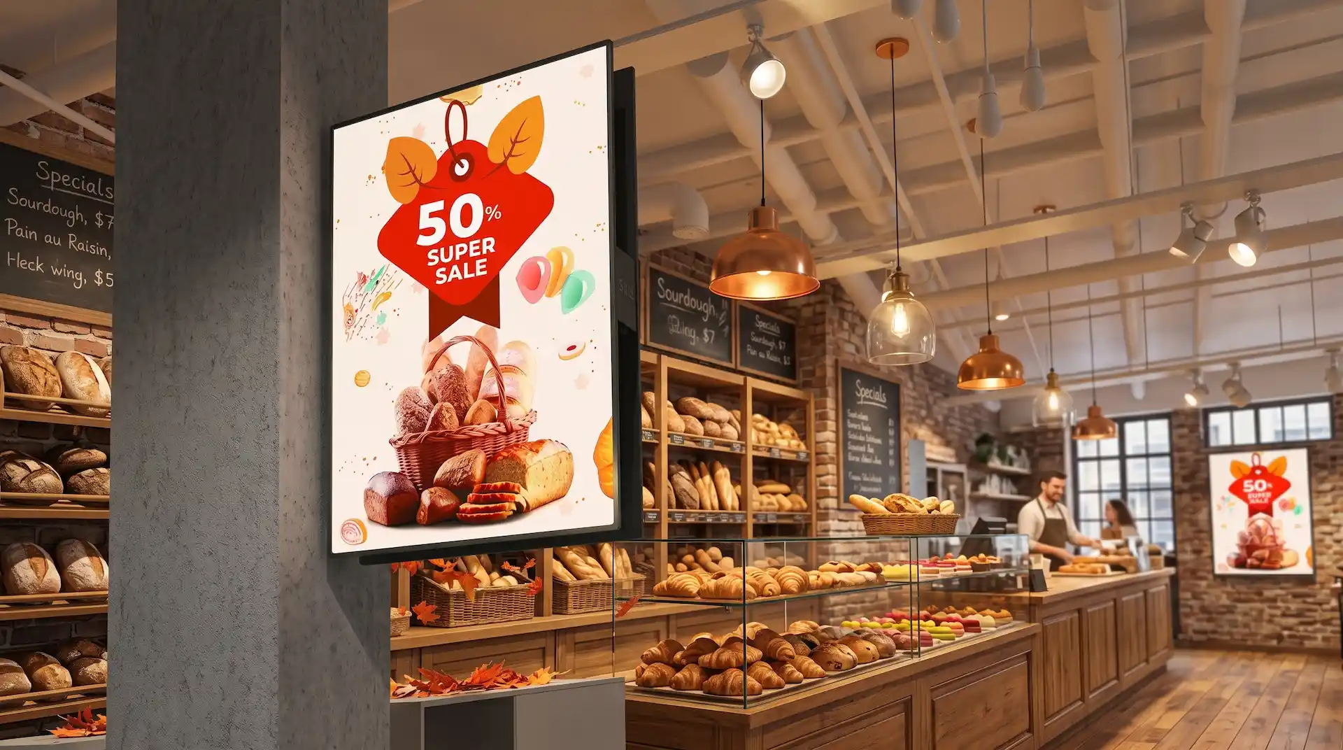 Digital reklamdisplay upphängd med väggfäste i bageri.
