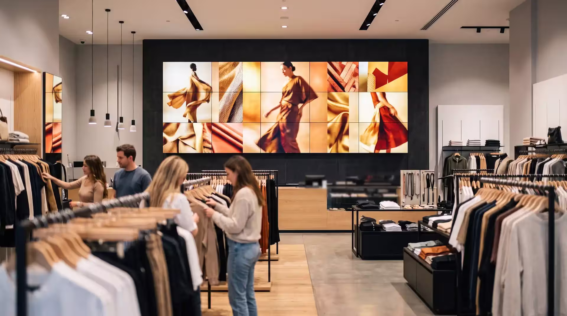 Videovæg af infoskærme på bagvæggen i en tøjbutik, der viser modebilleder