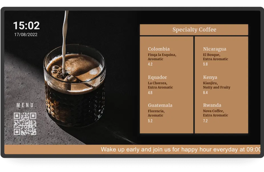 Digital menutavle til en kaffebar med kaffesorter, ur og QR-kode, lavet i VisualSign