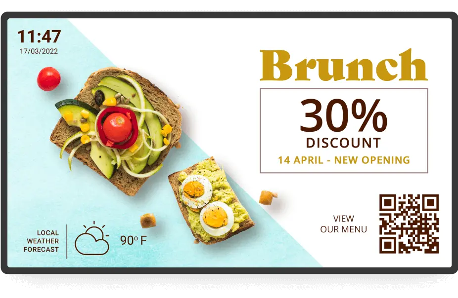 Digital menutavle med brunchtilbud, vejrudsigt og QR-kode til menuen, lavet i VisualSign