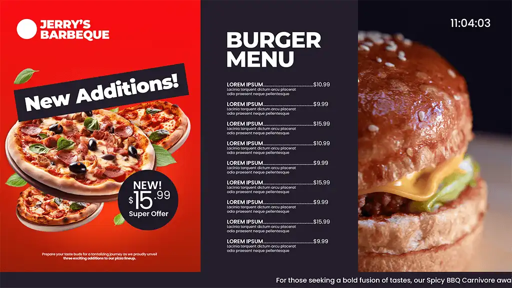 Infoskærm med menu for burgere og pizza, nyhedstilbud og ur